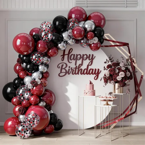 Vista 4 de Kit de guirnalda de arco de globos rojos y negros, decoraciones de fiesta de graduación, globos de látex color burdeos metálicos, plateados y negros