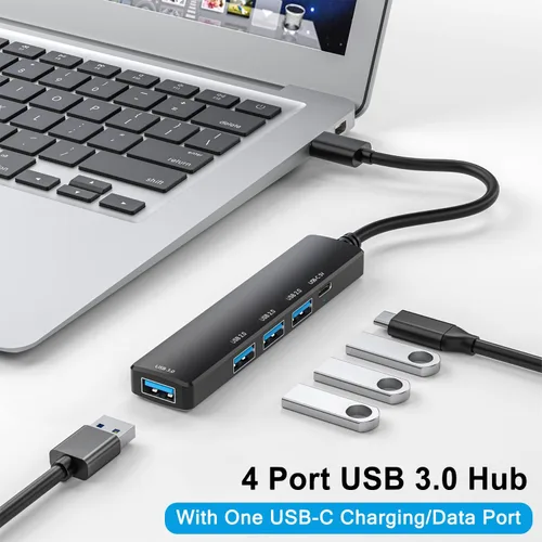 Vista 2 de Concentrador USB 3.0 alimentado de 5 puertos, extensor USB con puerto de alimentación/datos USB-C de 5V, extensor para un puerto portátil, PC