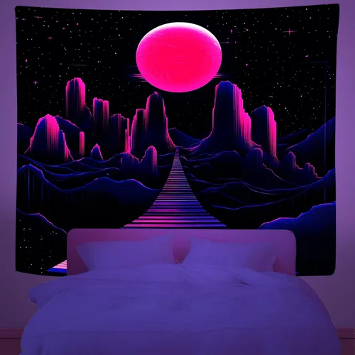 Vista 2 de Blacklight Neon Synthwave Tapestry - Glow in the Dark Space Planet Grid Mountains Tapestries Retro 80s Upright Posters Wall Hanging Room Decor for