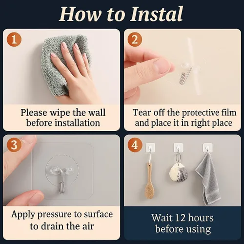 Vista 2 de Ganchos de pared adhesivos resistentes, acero inoxidable transparente, paquete de 12 – carga máxima de 24 libras, ganchos reutilizables impermeables