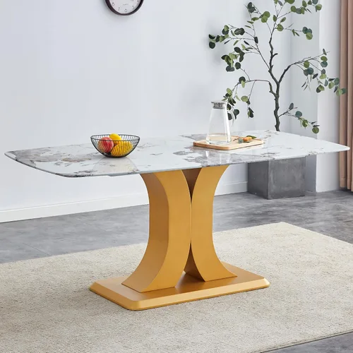 Vista 3 de A Modern Minimalist Dining Table. Imitation Marbled Glass Tabletop. Gold Table Legs for Kitchen and Living Room