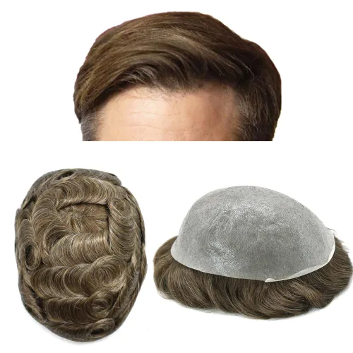 Vista 31 de Pieza de pelo para hombre, sistema de reemplazo de cabello de piel ultra fina para hombres, pieza de pelo de tupé para hombres, cabello humano real