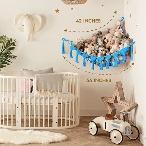 Vista 5 de TIDYTEDS Macramé DreamLights Hamaca de Red de Almacenamiento de Animales de Peluche Boho Extra Grande Soporte de Almacenamiento de Juguetes de Azul