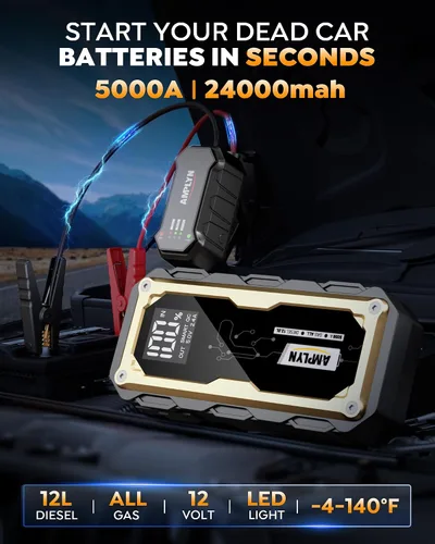 Vista 5 de Arrancador de salto de 5000 A, 24000 mAh portátil con cargador rápido de 65 W, batería de 12 V para automóvil, pantalla LED, motor diesel