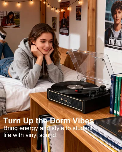 Vista 14 de Tocadiscos retro Bluetooth con altavoces integrados, tocadiscos de 3 velocidades por correa, control de graves y agudos, reproductor de vinilo Negro
