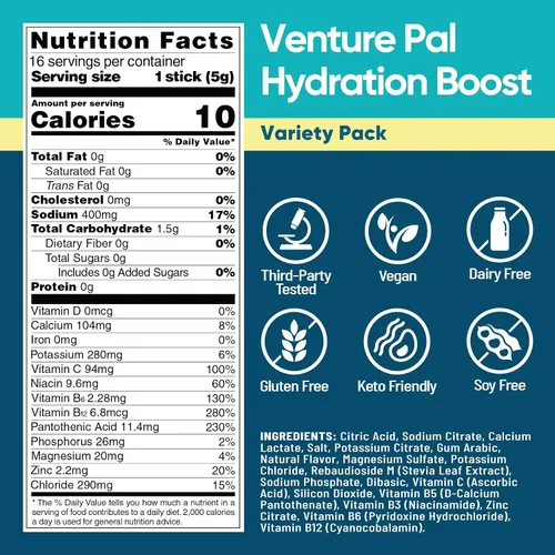 Vista 8 de Venture Pal Paquetes de electrolitos en polvo sin azúcar, aptos para dieta Variedad V1