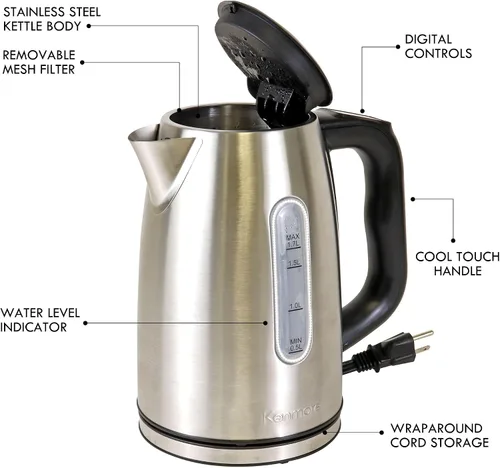 Vista 6 de Kenmore - Hervidor digital inalámbrico de 1.7 L/1.8 cuartos de galón, hervidor eléctrico de acero inoxidable con control de temperatura digital