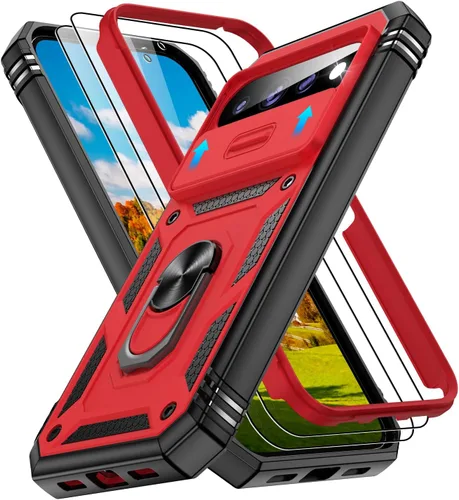 Vista 22 de Gritup Funda para Google Pixel 6 con cubierta deslizante para cámara y protector de pantalla (2 unidades), soporte de anillo giratorio 360°, funda