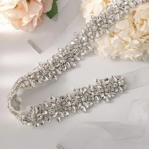 Vista 5 de Cinturón de novia con diamantes de imitación, cinturón de cristal plateado, cinturón de dama de honor, cinturón para mujer, vestidos de noche