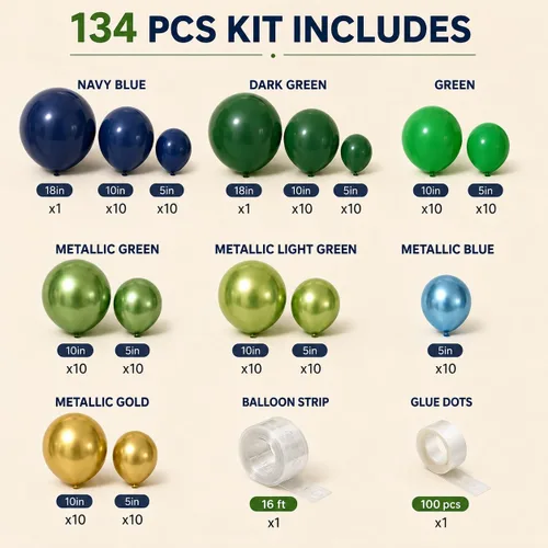 Vista 3 de Kit de guirnalda de globos azules y verdes de 134 piezas, kit de arco de globos azul marino, verde oscuro y dorado con globos cromados metálicos