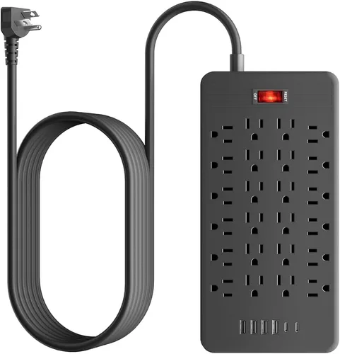 Vista 10 de Regleta protectora de sobretensiones de 24 tomacorrientes – Cable de extensión de enchufe plano de 5 pies con 24 tomas amplias y 4 puertos USB, 2