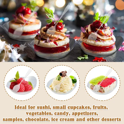 Vista 5 de Potchen 600 mini platos de postre de 3.1 pulgadas con cucharas de degustación, 300 mini platos de aperitivo, recipientes de postre de plástico