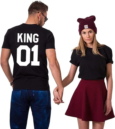 Vista 4 de Conjunto de 2 pares de camisetas King Queen para parejas, San Valentín, cumpleaños, boda