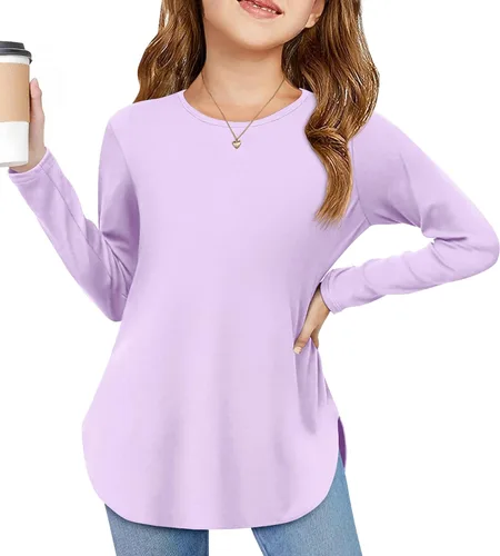 Vista 22 de Arshiner - Camisetas de manga larga para niñas, cuello redondo, dobladillo curvo, abertura lateral, básicas, casuales, de ajuste holgado, tipo