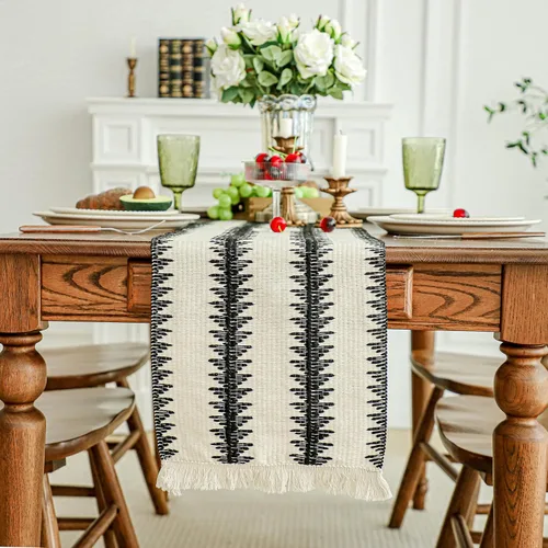 Vista 10 de Simple&Opulence - Camino de mesa de macramé estilo bohemio - 12 x 60 pulgadas, camino de mesa de algodón estilo granja con bordes trenzados