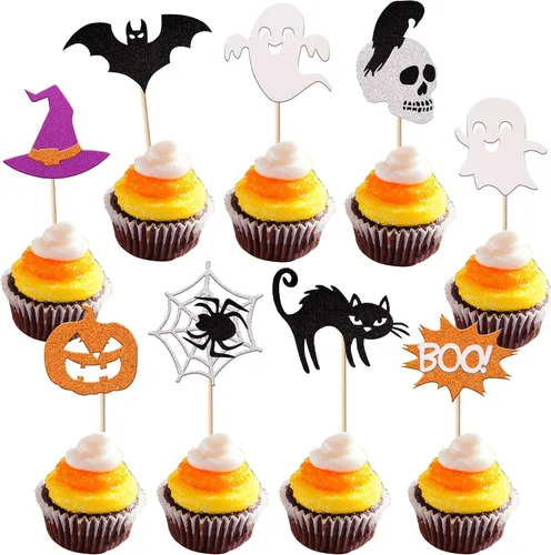 Vista 9 de Paquete de 24 adornos para cupcakes de Halloween con purpurina rosa, fantasma, pequeño abucheo, murciélago, bruja, gato, calabaza, magdalena