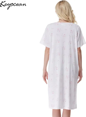Vista 2 de Keyocean - Camisón de algodón para mujer, suave, cómodo, ligero, manga corta, vestido de casa, ropa de dormir, ropa de sala para verano.