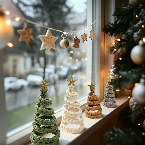 Vista 6 de 4 piezas de decoración de mesa para árbol de Navidad, árboles de Navidad de mesa con estrella con purpurina, centro de mesa de estilo rústico