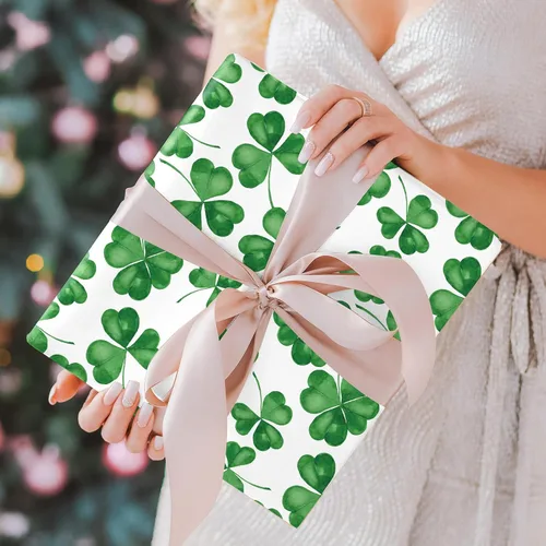 Vista 7 de Whaline 12 hojas de papel de regalo del día de San Patricio, papel de regalo de trébol de acuarela, papel de arte verde a granel, plegado plano