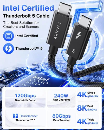 Vista 2 de IVANKY Cable Thunderbolt 5 certificado Intel de 3.3 pies, cable Thunderbolt Negro