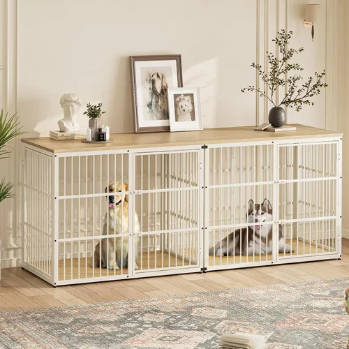 Vista 11 de Lyromix Mueble apilable para perros de 43 pulgadas, para razas grandes con habitaciones dobles, jaula de madera para perros, perrera resistente