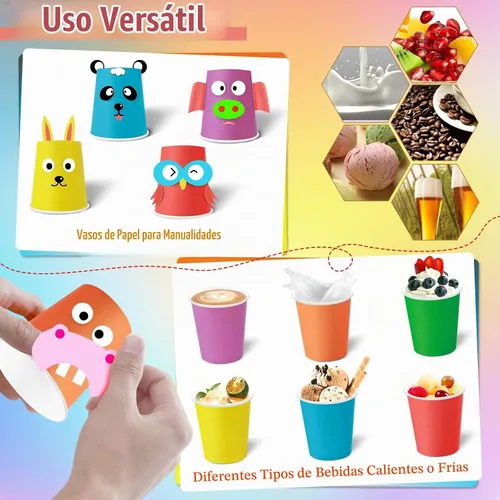 Vista 4 de KesaPlan 60 vasos de papel desechables de 9 onzas, vasos de plástico para fiestas, vasos de papel arcoíris, 6 colores para bebidas frías calientes