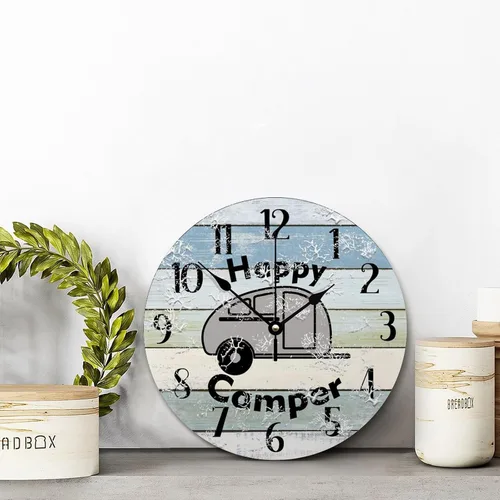 Vista 6 de ArogGeld Happy Camper - Reloj de pared de madera para campamento de verano, 10 pulgadas, silencioso, sin tictac, funciona con pilas, para sala