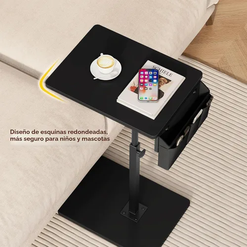 Vista 3 de Vagusicc - Mesa con bandeja para apoyabrazos de sofá, mesa giratoria de 360° con altura ajustable para TV, mesa auxiliar para espacios pequeños Negro