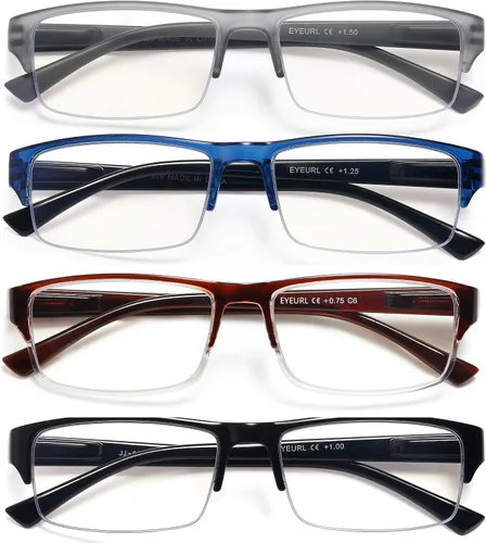 Vista 7 de EYEURL Paquete de 4 lentes de lectura con luz azul de medio marco para hombres, lectores rectangulares sin montura para mujeres, lentes de bisagra