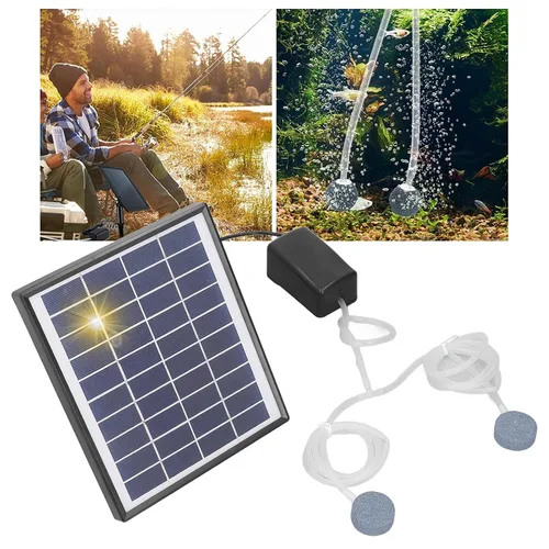 Vista 5 de Bomba de estanque micro solar de 10 V 6 W CC, kit de bomba de aire de fuente de panel solar ajustable con piedra de burbujas para estanque de peces