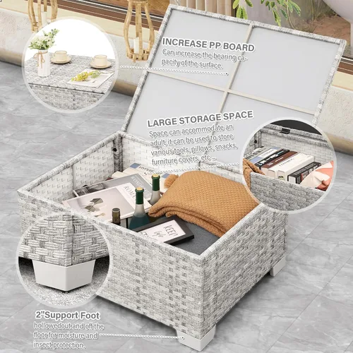 Vista 6 de WAROOM Juego de muebles de patio de 4 piezas para conversación de mimbre para exteriores, sofá seccional de ratán PE con mesa de almacenamiento Gris