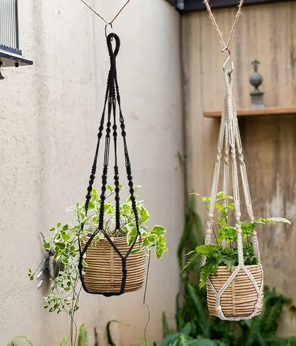 Vista 3 de Colgador de macramé para colgar plantas de interior con cuentas de madera, macetas de macramé sin borlas, para interiores y exteriores, decoración