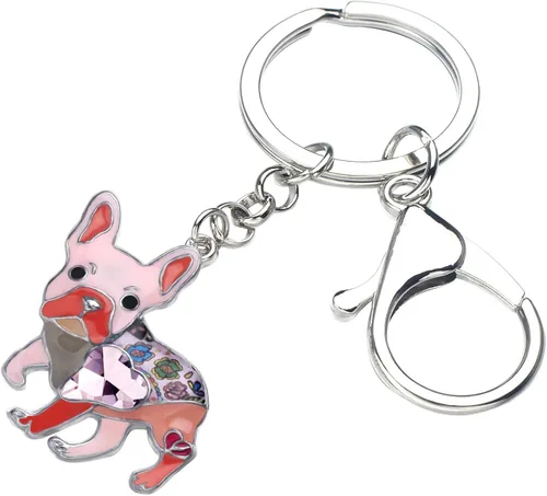 Vista 3 de Bonsny - Llavero de metal esmaltado con forma de corazón con diamantes de imitación, diseño de bulldog francés, para mujeres, niños, bolso de coche