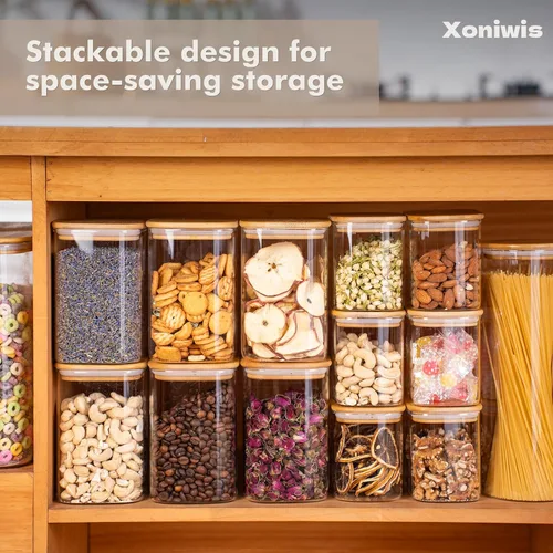 Vista 8 de 37oz 4PCS Frascos de almacenamiento de vidrio con tapas, tarros de vidrio con tapas para despensa, recipiente cuadrado para galletas, nueces