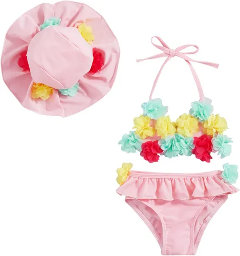 Vista 18 de Yccutest Traje de baño de flores para bebé, 3 piezas, parte superior triangular, parte inferior con volantes, sombrero para el sol, conjunto
