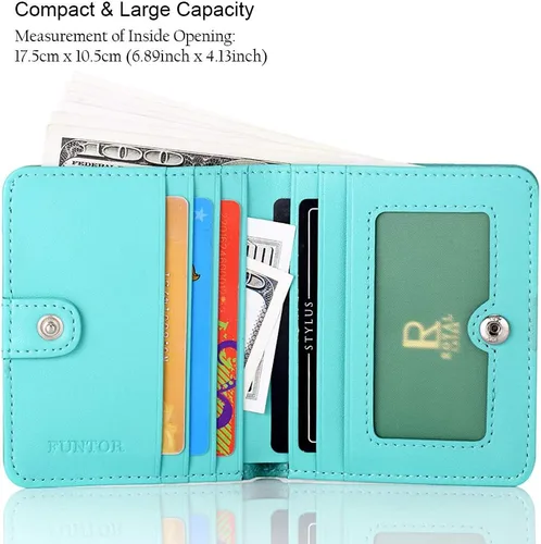 Vista 2 de Funtor Cartera de cuero para mujer, pequeña y compacta, con bolsillo doble, bloqueo RFID, para mujer