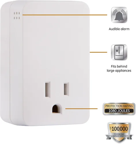 Vista 2 de GE UltraPro SurGE Protector Plug con alarma, extensor de salida, adaptador de enchufe, electrodoméstico, refrigerador, fin de servicio, 1080 julios