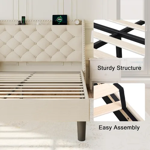Vista 6 de Einhomn Base de cama de tamaño matrimonial con cabecera de almacenamiento copetuda con botones en la parte trasera y puertos tipo CA, plataforma