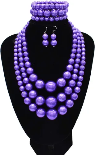 Vista 6 de We - Collar de perlas de imitación para mujer, collares de perlas grandes y gruesas, collar de perlas multicapa y aretes de los años 20