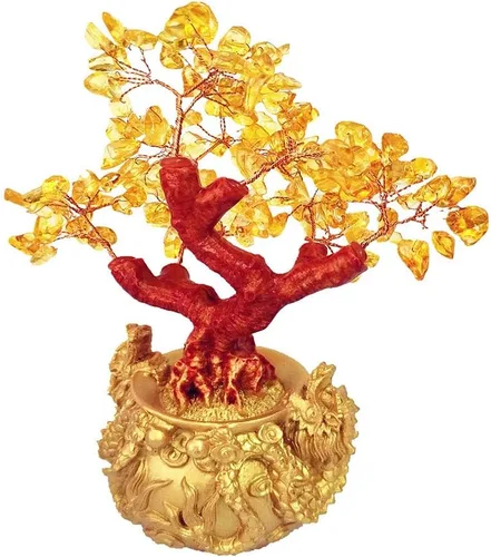 Vista 3 de Colorsheng Feng Shui - Árbol de dinero de cristal de cuarzo citrino, decoración estilo bonsái para suerte y riqueza (macetas de dragón)