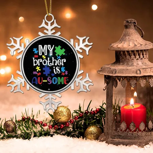 Vista 3 de Adornos de Navidad con texto en inglés «My Brother is Autismo», regalo para niños autistas, decoraciones de conciencia sobre el autismo, recuerdo
