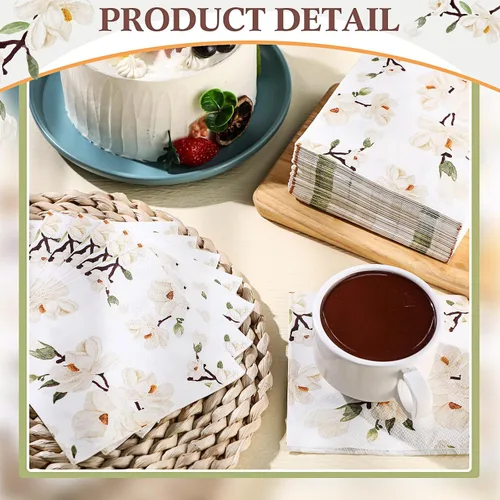 Vista 4 de Outus 100 servilletas de mano desechables con diseño floral de magnolia blanca de 3 capas de flores de primavera para cena, servilletas de mano