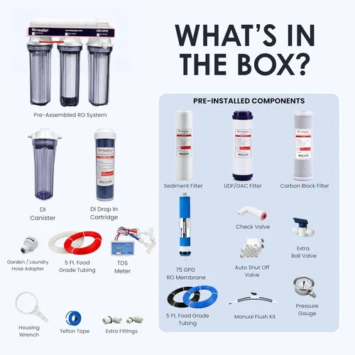 Vista 4 de LiquaGen - Sistema de filtración de agua de ósmosis inversa y desionización (RODI) Super Flow Manómetro con válvula de flotador Medidor digital