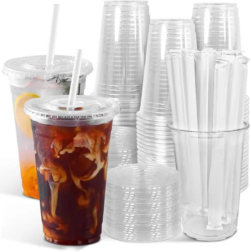 Vista 9 de Ginkgo Paquete de 100 tazas de plástico de 12 onzas con tapas y popotes, tazas de café desechables transparentes para llevar, tazas de café helado