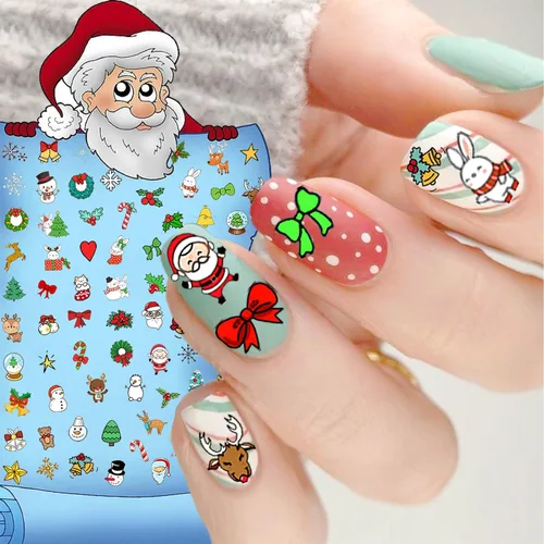 Vista 5 de COKTAK 6 hojas de calcomanías de uñas de Navidad para manicura, calcomanías autoadhesivas divertidas de Papá Noel, alce y ciervo, calcomanías