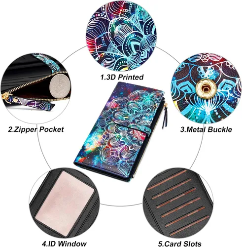 Vista 5 de Billeteras delgadas para mujer, tarjetero RFID plegable con bolsillo con cremallera, Mandala azul, Delgado