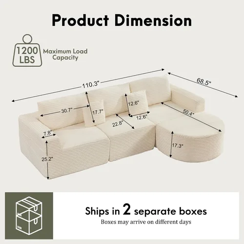 Vista 2 de Korser Sofá modular en forma de L de 110 pulgadas con diván, sofá modular de pana esponjosa con asiento profundo y bolsillos laterales, cómodos Beige