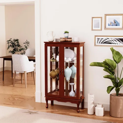 Vista 7 de Dolonm Gabinete Curio con puertas de vidrio templado, gabinetes Curio con panel trasero espejo y estantes ajustables, vitrina iluminada