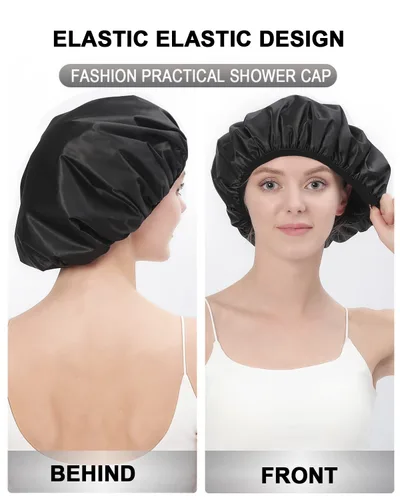 Vista 6 de YIZIJIZI Gorro de ducha con forro de rizo, gorro grande de tres capas para mujer, gorro de ducha reutilizable e impermeable, para cabello largo