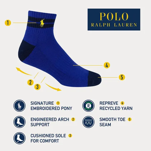 Vista 2 de POLO RALPH LAUREN Mens Classic Sport Solid Multi-color Socks - 6 Pair Pack - Athletic Arch Support and Comfort Cushioning